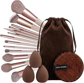 17Pc Makeup Kit Set – Premium 13-Piece Makeup Brush Set with 3 Makeup sponges & 1 Color-Removal Sponge – Soft Synthetic Bristles, Rose Gold & Cream Design with Velvet Travel Pouch – Complete Professio