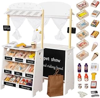 touch us Toys Set Grocery Store for Kids, Pretend Shop Toy and Wooden Supermarket Shopping Cart with Toy Cash Register, Play Money and Blackboard