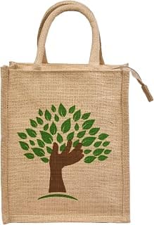Daffodil Jute Bags Multipurpose Tote for Men & Women Perfect for Shopping, Grocery & Tiffin | Lunch Box Bag Cute & Quirky Design with Zipper Closure & Padded Tape Handle (Tree Print)