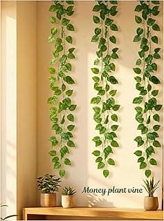 Bombay Greens Artificial Money Plant Vine | Realistic Money Plant Creeper for Wall Hanging, Door, Balcony & Home Office Decor | Artificial Green Hanging Vines for Decoration & Festival - Set of 3