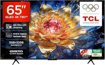 TCL 164 cm (65 Inches) 4K UHD Smart QLED Google TV | QD-Mini LED Dimming | 144Hz Refresh Rate | 3GB RAM | 42W Onkyo 2.1ch Speakers | 65T8D