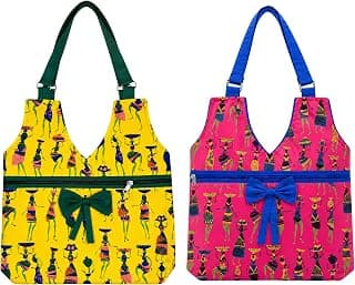 Cotton Tote Bag for Women, Warli Print Handmade Reusable Shopping Bag with Zipper Pocket, Eco Friendly Shoulder Bag for Office, College, Travel & Daily Use, Pack of 2