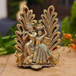 Collectible India Peacock Design Radha Krishna Idol Showpiece with Diya for Puja and Home Decor (7 x 5 Inches), Metal, Gold (1 Piece)