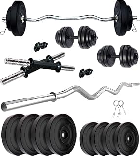 Kore PVC 20 Kg Home Gym Set with One 3 Ft Curl Rod and One Pair Dumbbell Rods, Multicolour