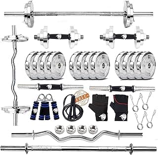 BULLAR Steel Home Gym Set with 5Ft Straight Rod, Curl bar, (10kg-70Kg) Steel Weight Plates Combo, Gym Equipment for Home Workout Exercise Kit for Fitness (S30KG (5KGX4,2.5KGX4)/4FT/5FT/SDM/ACC) Silver