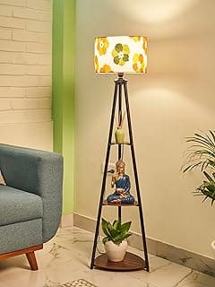 Crosscut Furniture LED Tripod Floor Lamp with 3 Shelves, Fresh Flower, Yellow, Metal Corner Floor Lamp for Living Room & Bedroom Decoration