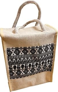 EGAO, Crafting Future White Jute Bag with Black Patch Work Shopping Tote | White jute bag with black patch work detail and handles, suitable for shopping, gifting, events, storage.