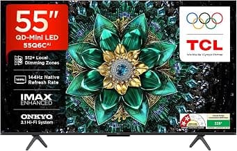 TCL 139 cm (55 Inches) 4K UHD Smart QD-Mini LED Google TV | 144Hz Refresh Rate | 3GB RAM | 46W Onkyo 2.1 | Upto 512+ Zones | IMAX Enhanced | 55Q6C
