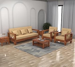 Sheesham Wooden 5 Seater Sofa Set For Living Room | Rosewood Cushion Sofa With Side Newspaper Holder For Home & Office | Lounge (Honey, 3+1+1 Seater)
