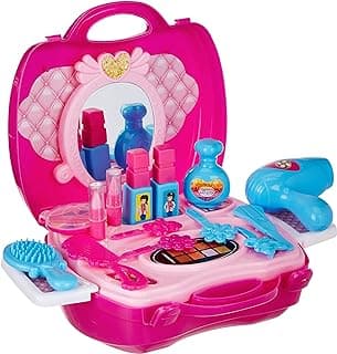 Amazon Brand - Jam & Honey Suitcase Makeup Set Toy for Kids 3+ Years, BIS Certified Safe for Kids, Portable Pretend Play Beauty Kit with Accessories, Role Play Cosmetic Set for Girls, Pink & Blue