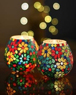 Homesake® Tealight Candle Holders for Home Decor, Mosaic Glass, Flowers, Decorations for Home, Item for Diwali Festival Home Decor Item