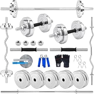 BULLAR 30Kg Steel Home Gym Set with 5Ft Straight Rod, 3Ft Curl bar, Steel Weight Plates Combo, Gym Equipment for Home Workout Exercise Kit for Fitness