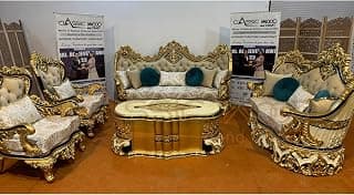 Luxury Royal Hand-Carved Teak Wood 3+2+1+1 Sofa Set with Center Table Antique Gold Finish Living Room Furniture Cream Tufted Upholstery m Designer Victorian Sofa Set