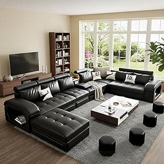 Modern U-Shaped Sectional Sofa Set with Storage, 9 Seater, Sofa Couch with 4 Puffy for Hall Guest Room, Leatherette (Black)