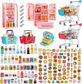164Pcs Mini Shopping Cart Basket Miniature Food Drink Toy Supermarket Metal Handcart Trolley DollHouse Store Grocery Accessories Kitchen Play Game Party Model Shelves Cash Register Refrigerator Fridge