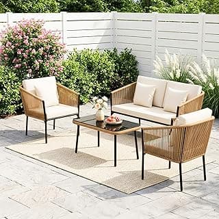 DEVOKO Outdoor 4 Seater Rope Sofa Set with Comfortable All Weather Resistant Cushions and Glass Top Center Table for Garden, Patio, Poolside Area (Beige &Off-White)