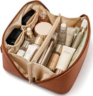 LUMONY® Makeup Pouch Bag Leather Large Capacity Travel Toiletries Organizer Cosmetic Bag with Handle and Divider Multifunctional Makeup Bag for Easy Access Waterproof (Brown)