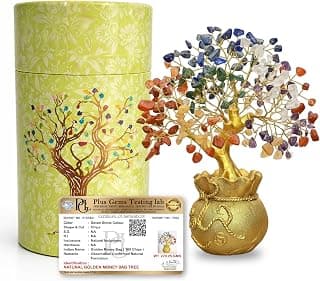 JD FRESH Feng Shui 7 Chakra Crystal Tree with Golden Money Bag Base/Natural Gemstone Decorative Showpiece Bonsai Tree for Home/Office Desk/Living Room Decor, Good Luck Diwali Gift, Wealth & Prosperity