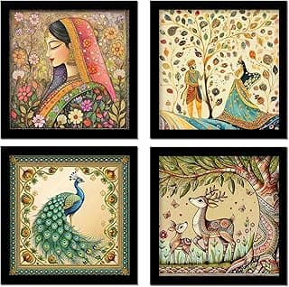 Rousrie Madhubani Art Framed Painting For Home, Living Room, Hall | Traditional Rajasthani Pichwai Art Paitnings With Frame For Home Decor (Set Of 4)