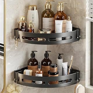 SquareUp Self-Adhesive Wall-Mount ABS Plastic Bathroom Corner Shelf Rack Organizer Without Drill Storage Shelves Holder/Accessories (Black, Pack of 2)