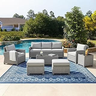 DEVOKO 7 Piece Outdoor Conversation Patio Furniture Set All Weather Wicker Sectional Couch 7 Seater Sofa With Center Table Ottoman For Garden,Terrace,Porch,Lawn,Backyard(Silver&Grey)